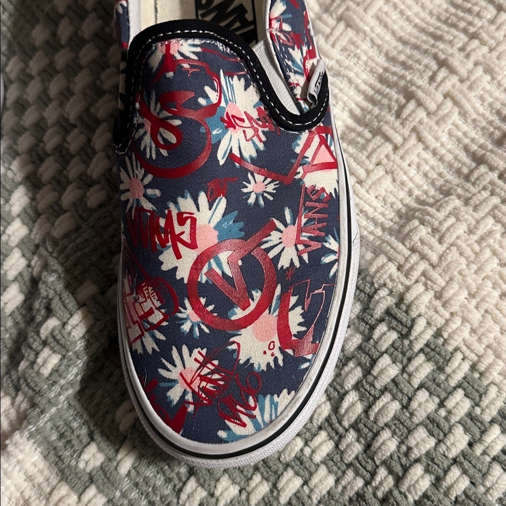 Vans Floral Slip-On Shoes in Red, White, and Blue - Picture 2 of 5